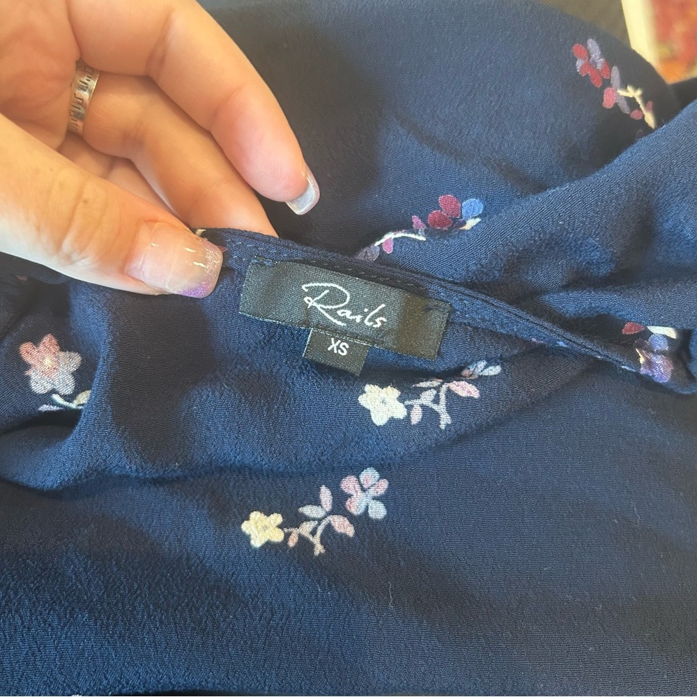 Rails Simone wrap blouse in navy Kyoto floral print white blue purple ruffle - Picture 9 of 14